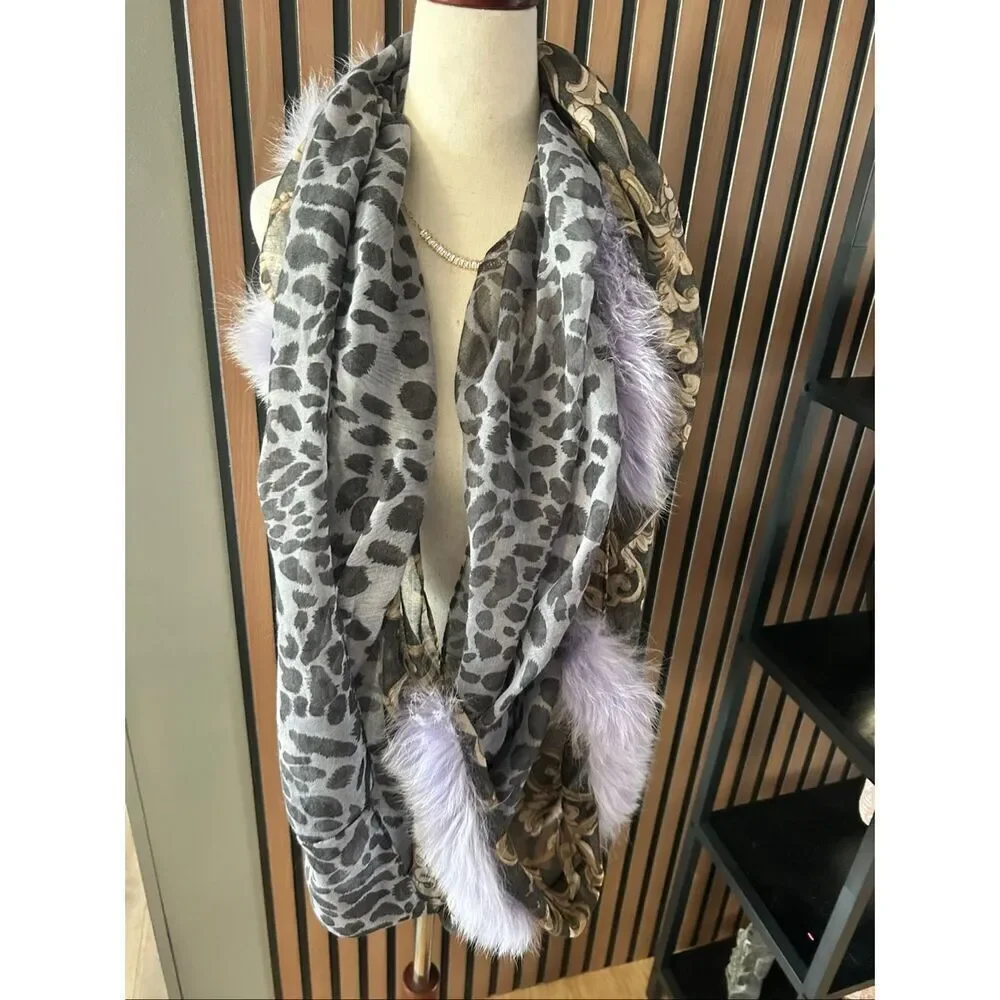 Animal print scarves with real fox fur dyed purple infinity loop